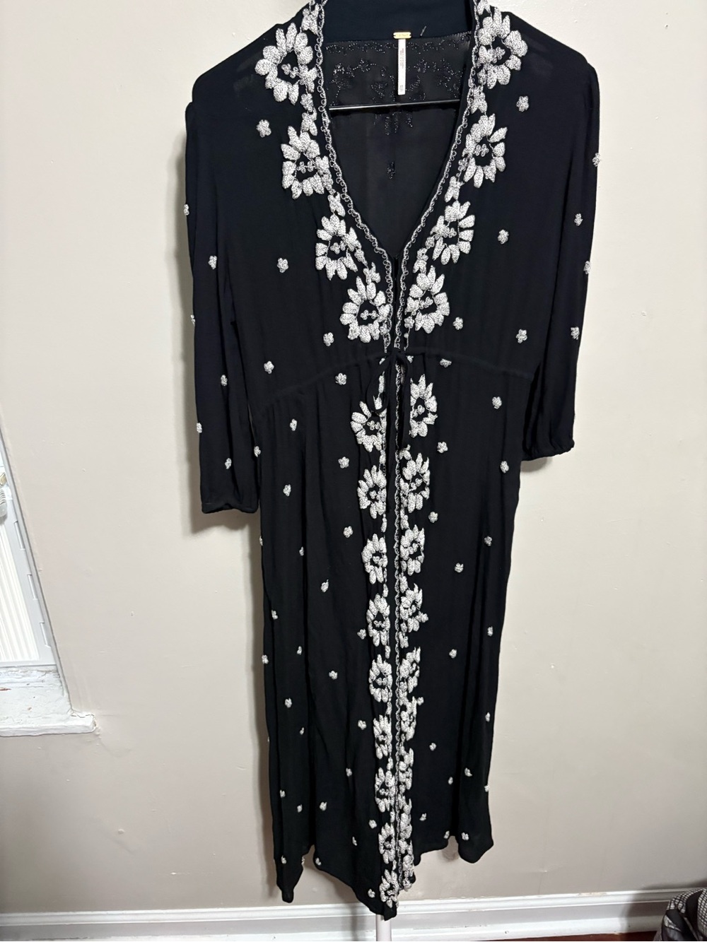 Free People Black Maxi Dress with White Floral Embroidery